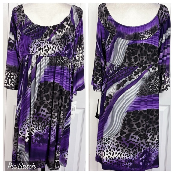 NWT Blu Sage Purple Leopard Print Empire Waist 3/4 Sleeve Dress XL - Picture 1 of 16